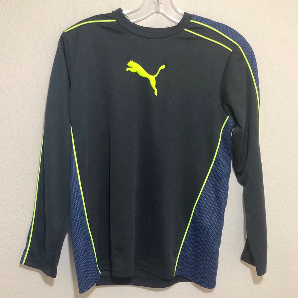 Puma Dry Cell Longsleeve Shirt Youth Boys Size Medium Navy Black Bolt Yellow